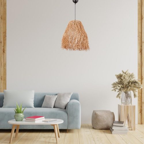 Rusztikus fémcsillár Raffia sapkával, 18 cm hosszú és 35 cm átmérőjű | Állítható kábel, teljes magasság 98 cm | E27 aljzat, max 40W, természetes színek