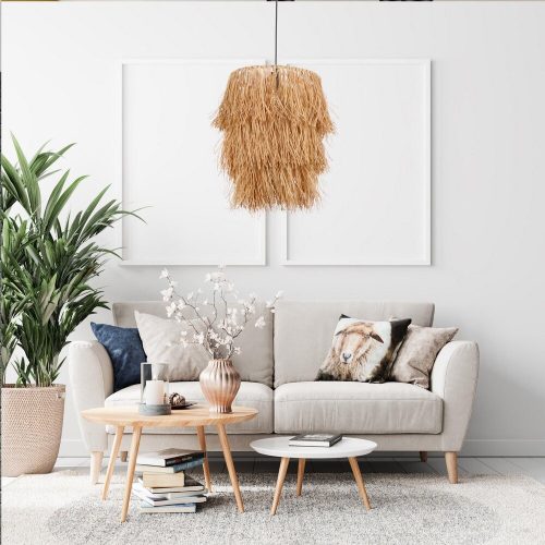 Rusztikus csillár Raffia sapkával, fém testtel, állítható kábellel, 20 cm hosszú, 30 cm átmérőjű, E27 foglalat, 115 cm magasság | Tökéletes kabinok és házak dekorációjához