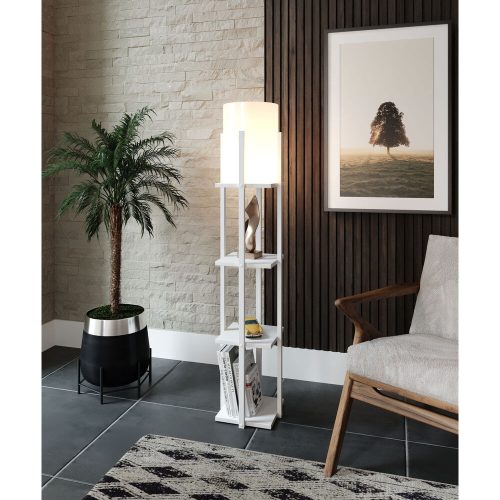 Elegáns állólámpa, 135 cm magas, fehér és természetes színek | Forgácslap ház, MDF profil, szövet sapka (21x21 cm) | Be/Ki kapcsoló, CE minősítéssel, skandináv dizájnnal