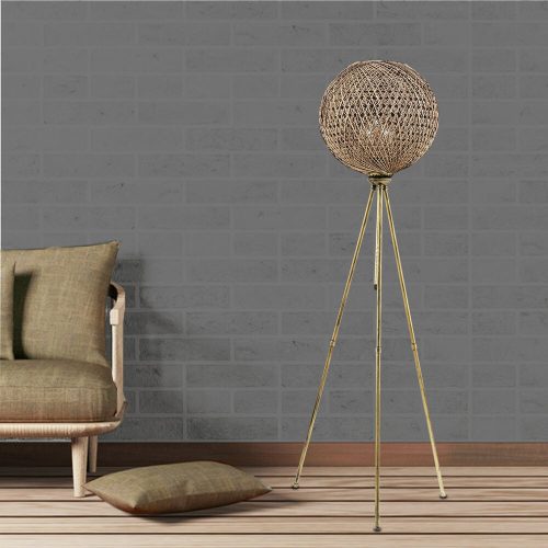 Stílusos állólámpa, fekete és arany, 138 cm magasság | Fém test juta sapkával (35 x 35 cm) | Be/Ki kapcsoló, CE tanúsítvánnyal, bohém és skandináv design