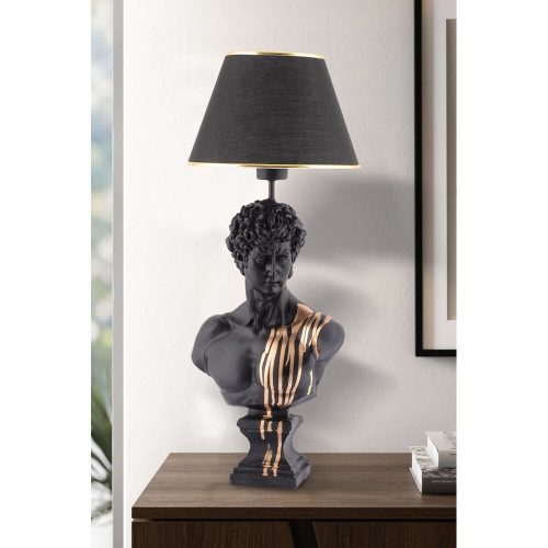 Elegáns fekete-arany asztali lámpa, 67 cm magas | Poliészter test, 25 cm-es szövetsapka | E27 aljzat, max 40W | Be/Ki kapcsoló | CE minősítésű, stílusos világítási megoldás