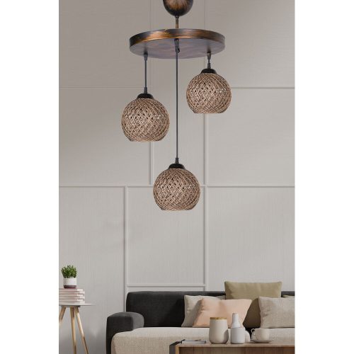 Skandináv csillár, fekete fém test, 32 cm átmérő, 80 cm magasság | 3 x E27 foglalat, pamut sapka | Elegáns világítás vidéki és modern otthonokba