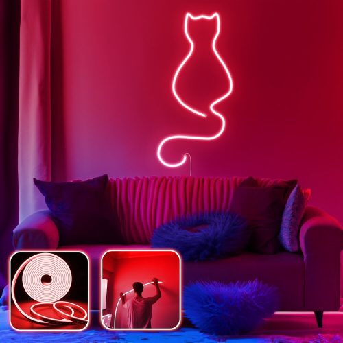 Rugalmas piros neon LED fali világítás, 200 cm, IP67 Vízálló, DC 12V, 350 cm Vezeték, Max. 36W, Kétoldalas szalagot tartalmaz | Tökéletes lakberendezéshez és bulikhoz