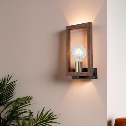 Stílusos fali lámpa fém házzal és fa kupakkal, 30 cm magas | Alaplap: 6 x 16 x 2 cm | E27 aljzat, max 40W | Antikvárium és fekete felület, IP20
