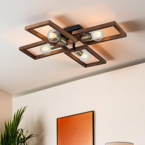 Elegáns fém csillár fa kupakkal, antik és fekete felülettel, 12 cm magas, 4 x E27 foglalat (max. 40 W) | Stílusos világítás modern terekbe