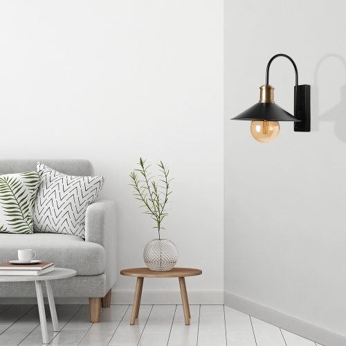 Modern fali lámpa, fekete fém ház, 15 cm átmérő, 27 cm magasság | E27 aljzat, max 40W, IP20 | Stílusos skandináv dizájn otthonra és irodára