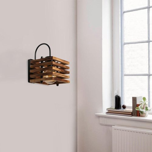 Stílusos fali lámpa fém házzal és fa kupakkal, 18 cm átmérő, 27 cm magasság | E27 aljzat, max 40W, barna | Modern ipari rusztikus dizájn otthonra