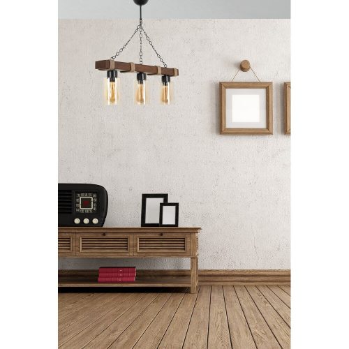 Ipari rusztikus csillár, fa test üvegsapkával, 70 cm magasság, 18 cm átmérő, állítható, sárga kivitel | E27 aljzat, max 40W, 220-240V