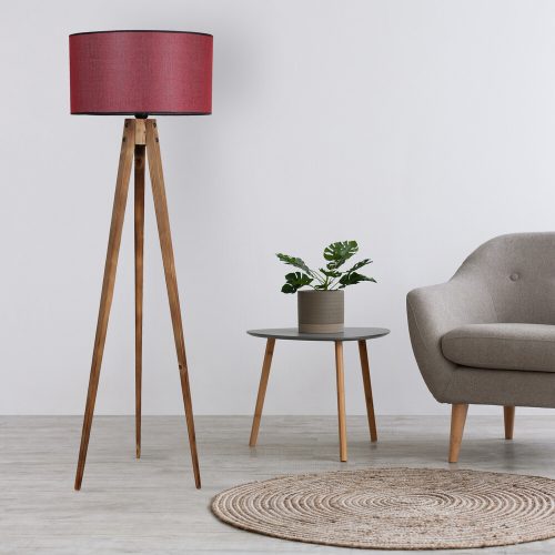 Elegáns fa állólámpa szövet sapkával, 153 cm magas, barna és bordópiros | E27 aljzat, max 40W | Stílusos világítás otthoni és irodai helyiségekbe