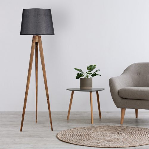 Ipari skandináv állólámpa, 160 cm magas, barna és fekete fenyőház, 31 cm szövet sapka, E27 aljzat, be/ki kapcsoló | Stílusos világítás modern terekbe