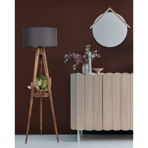 Ipari skandináv állólámpa, fa ház szövet sapkával, 153 cm magasság, 24 cm sapka, 26x26 cm polc, be-/kikapcsoló, barna és szürke felület