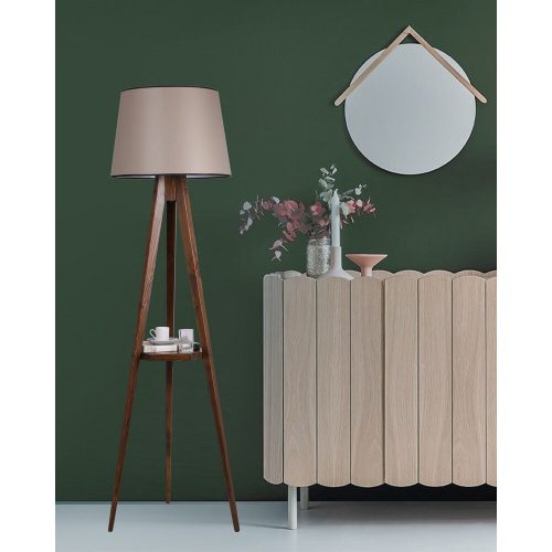 Ipari skandináv állólámpa, diófa ház, 160 cm magasság, 31 cm szövet sapka, 26x26 cm fa polc, be-/ki kapcsoló, max 40 W E27 aljzat