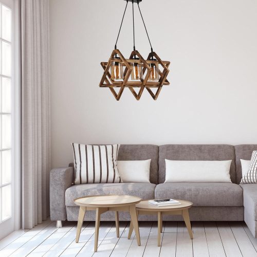Rusztikus fa csillár fém kerettel és üvegsapkával, 43 x 43 x 57 cm, állítható magasságú, barna | E27 aljzat, max 40 W, tökéletes a délnyugati dekorációhoz