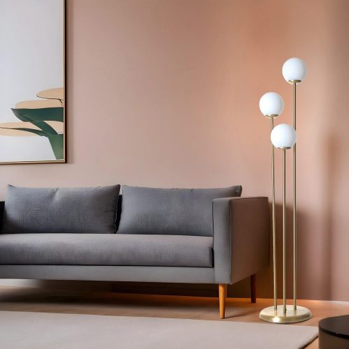 Elegáns állólámpa fémházzal és üvegkupakkal, 150 cm magas, 30 cm átmérőjű | E27 aljzat, max 40 W, fehér és arany | Stílusos világítás otthoni dekorációhoz