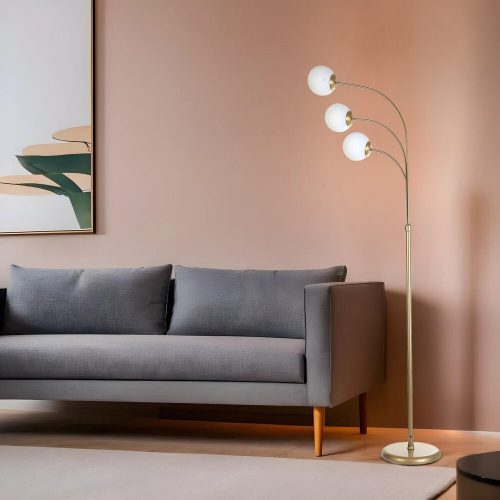Elegáns állólámpa fém házzal és üvegkupakkal, 170 cm magas, 30 cm átmérőjű, arany-fehér kivitel | E27 aljzat, max 40 W, beépített kábel kapcsoló, IP20