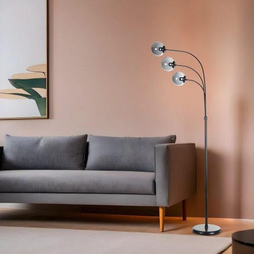 Stílusos állólámpa fém házzal és üvegkupakkal, 170 cm magas, 30 cm lábátmérő | E27 aljzat, max 40 W, fekete és füst színek | Modern dekorációhoz tökéletes