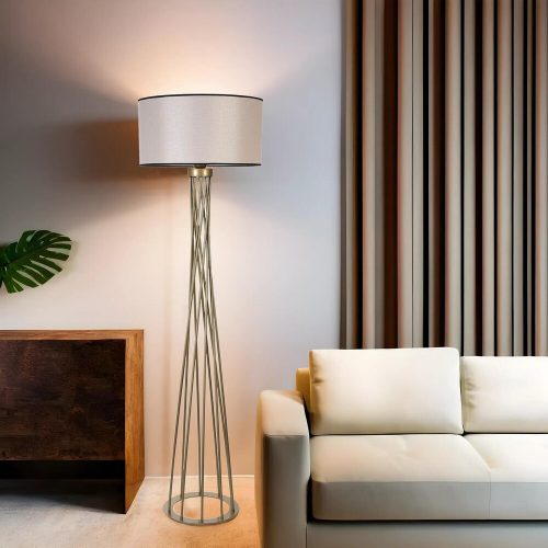 Elegáns állólámpa fém házzal, szürke és arany, 170 cm magas, 45 cm sapka átmérő, E27 aljzat, kábelre kapcsolható kapcsoló | Stílusos világítás modern terekbe