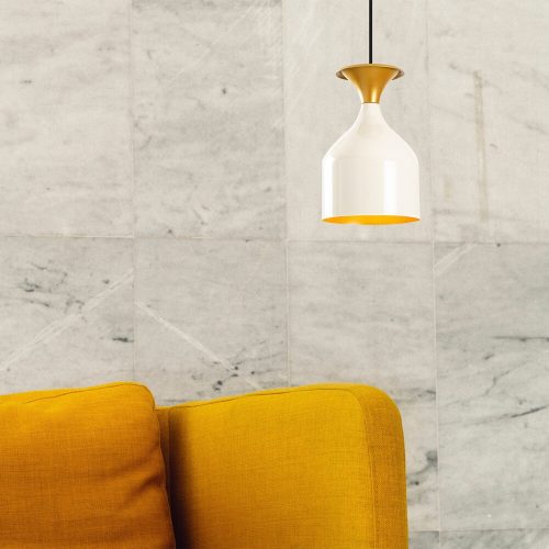 Elegáns modern csillár, fehér és arany, 17 cm átmérő, 113 cm magasság | Fém ház, E27 aljzat, max 40W | Elbűvölő skandináv design lakberendezéshez