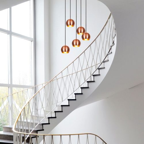 Modern réz csillár, 48 cm átmérő, 108 cm magasság | Fém ház, 5 x E27 aljzatok | Elegáns skandináv dizájn elbűvölő terekhez