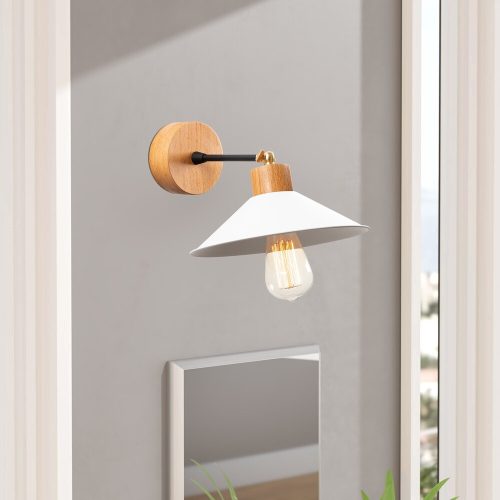 Skandináv fali lámpa, fehér fém és fa talp, 24 cm átmérő, 20 cm magasság | E27 aljzat, max 40W | Stílusos és funkcionális világítás modern terekbe