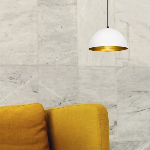 Elegáns modern csillár, fehér és arany, 30 cm átmérő, 111 cm magasság | Állítható, E27 aljzat, IP20 | Tökéletes Glam és skandináv dekorációhoz