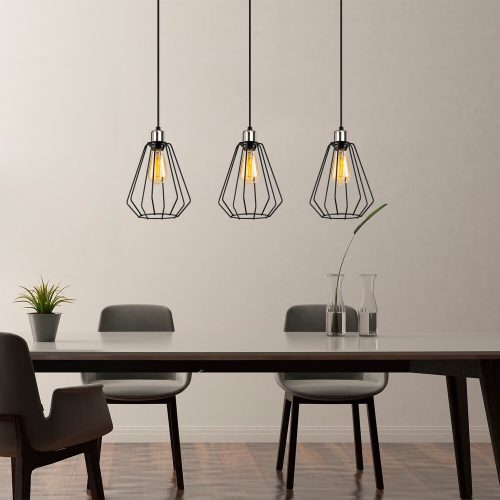 Modern fekete csillár, fém test, 84 x 20 cm, magasság 135 cm | Állítható, 3 x E27 Max 40W | Stílusos ipari formatervezés otthonra és irodára