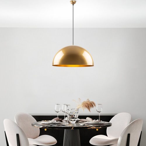 Elegáns arany csillár, fém test, állítható magasság 46-126 cm, Ø60 cm árnyékoló, 1 x E27 Max 40 W, stílusos világítás modern terekbe, IP20 besorolás