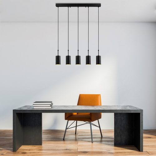 Modern ipari csillár, fekete fém, 79 x 9 cm | Állítható magasságú, 5 x E27 aljzat, IP20 | Tökéletes skandináv és újszerű dekorációhoz