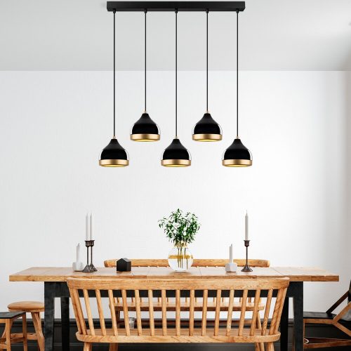 Elegáns fekete csillár, állítható magasság 90 x 17 x 111 cm, fém ház, 5 x E27 aljzat, modern dizájn otthoni és irodai használatra, IP20 besorolás