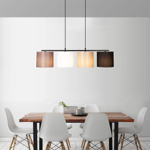 Skandináv csillár, fém test, állítható magasság 120 cm, 110 x 25 cm, 4 x E27 Max 40W, fekete, fehér, krém és barna | Elegáns világítás modern terekbe