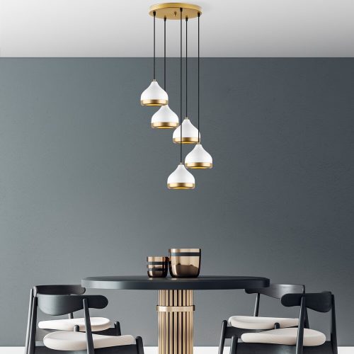 Elegáns fehér csillár, fém test, állítható magasság 25-111 cm, Ø43 x 111 cm | 5 x E27 Max 40 W, stílusos világítás modern terekhez