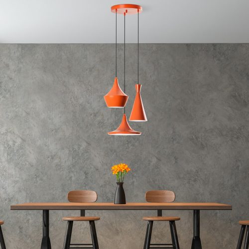 Stílusos narancssárga csillár, fém test, 45 cm átmérő, állítható magasság 45-135 cm, 3 x E27 aljzat, tökéletes modern terekbe, elegáns kivitel