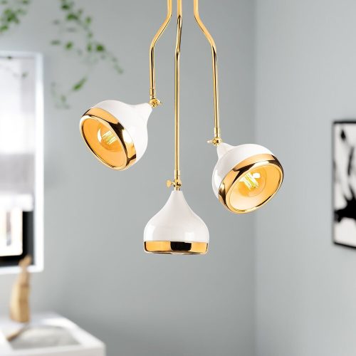 Modern csillár, fehér és arany, 50 x 50 cm, magasság 75 cm | Fém ház, állítható magasságú, 3 x E27 Max 40W | Glam és skandináv dizájn az elegáns terekhez