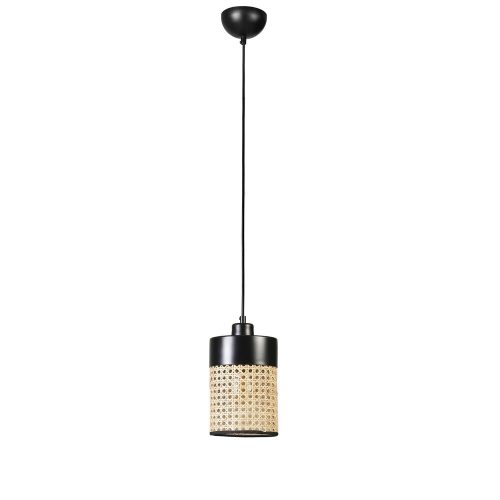Elegáns rattan csillár, állítható magasság 70 cm, fém test natúr rattan sapkával, E27 foglalat, 14 cm átmérő, stílusos fekete felület modern terekbe