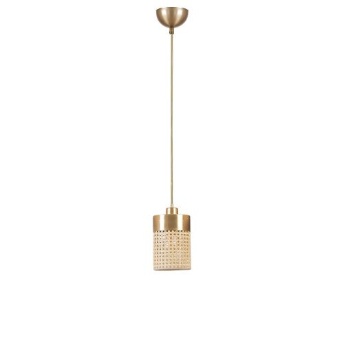 Elegáns rattan és arany csillár, állítható magasság 70 cm, antik bevonatú fém, 14 cm átmérőjű sapka, E27 foglalat, tökéletes modern terekbe és étkezőkbe