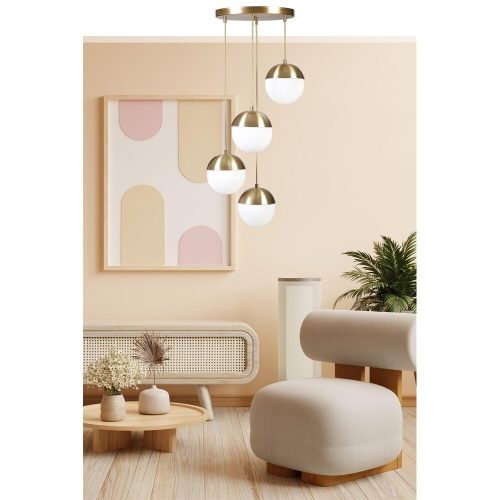 Elegáns arany-fehér csillár, állítható magasságú, fém test, antik bevonatú felület, 70 cm magas, E27 foglalat, tökéletes modern terekbe, 15 cm-es sapka átmérő