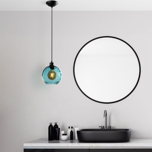 Elegáns kék csillár, állítható magasság 40-120 cm, fém test, Ø20 cm sapka, Ø14 talp, 1 x E27 aljzat, tökéletes modern terekbe, IP20 besorolás