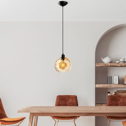 Elegáns sárga csillár, állítható magasság 40-120 cm, fém test, Ø20 cm sapka, Ø14 talp, 1 x E27 aljzat, tökéletes modern terekbe, IP20 besorolás