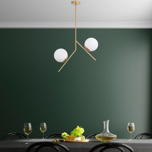 Elegáns arany csillár, fém test, 74 cm magas, 15 cm üvegkupak, 2 x E27 foglalat, nem állítható, IP20 | Tökéletes modern lakóterekbe és étkezőkbe