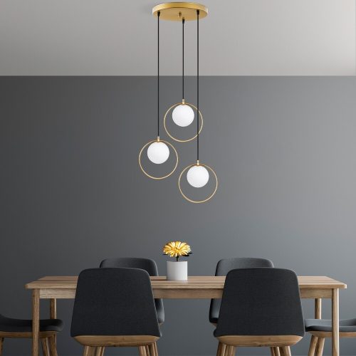 Elegáns arany csillár, állítható magasság 30-115 cm, fém test, 47 x 47 x 115 cm, 3 x E27 aljzat, tökéletes modern lakóterekbe, IP20 besorolás