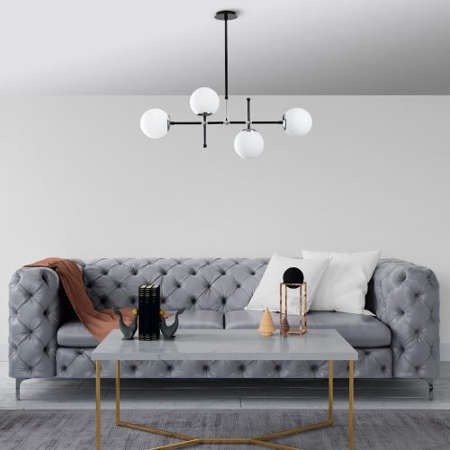 Skandináv csillár, állítható magasság 67-82 cm, fekete-fehér fém test, 90 x 15 cm, 4 x E27 Max 40 W, stílusos világítás modern terekbe