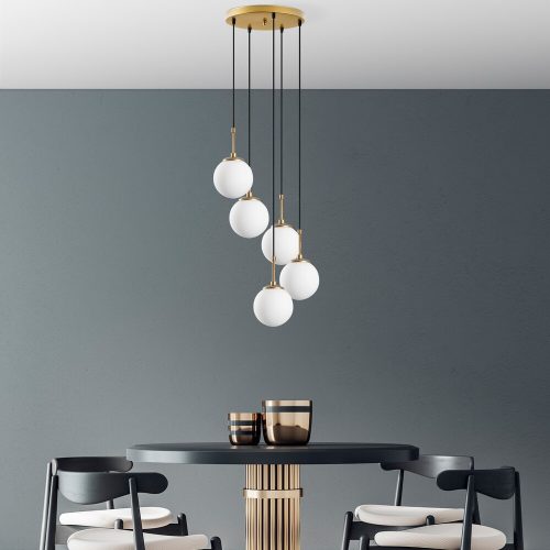 Elegáns arany csillár, állítható magasság 40-115 cm, fém test, Ø15 cm sapka, 5 x E14 Max 40W, 90 cm kábel, tökéletes modern terekbe, IP20 besorolás