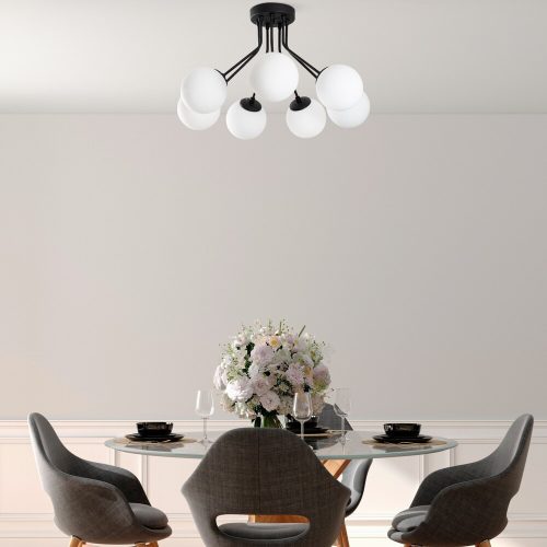 Elegáns fekete csillár, fém test, 65 cm átmérő, 40 cm magasság | 7 x E14 aljzat, max 40W | Stílusos világítás modern otthonokhoz, IP20 besorolású
