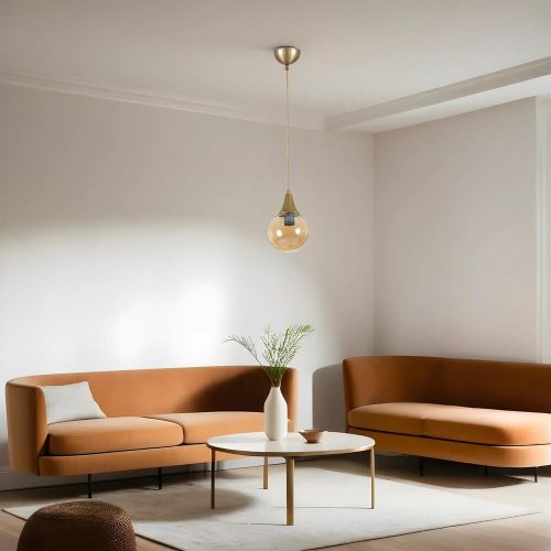 Elegáns borostyán és arany csillár, fém test, állítható magasság (25-70 cm), 15 cm átmérő, E27 aljzat, max 40W, IP20 | Modern dekorációhoz tökéletes