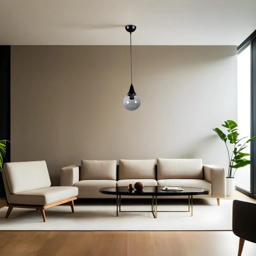 Elegáns, állítható csillár, fém test üvegsapkával, 15 cm átmérő, 70 cm magasság, E27 foglalat, fekete és füstölő felület | Modern terekbe tökéletes