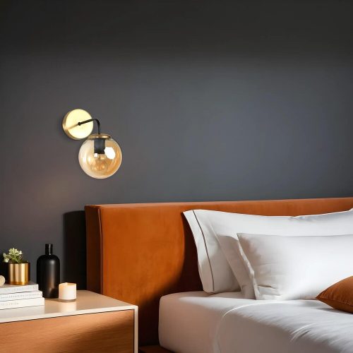 Stílusos fali lámpa fém házzal és üvegkupakkal, borostyán/fekete/arany, 15 cm átmérő, 25 cm magasság, E27 foglalat, IP20 | Modern dekorációhoz tökéletes