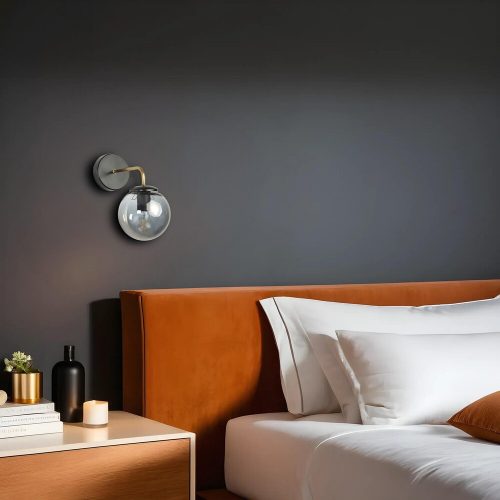 Stílusos fali lámpa fém házzal és üvegkupakkal, 15 cm átmérőjű, 25 cm magas, E27 foglalat, fekete/füst/arany | Elegáns világítás modern terekbe