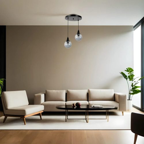 Elegáns fekete és füstölt csillár, fém test, állítható magasság 70 cm, átmérő 25 cm, E27 aljzat max. 40 W, stílusos világítás modern terekbe