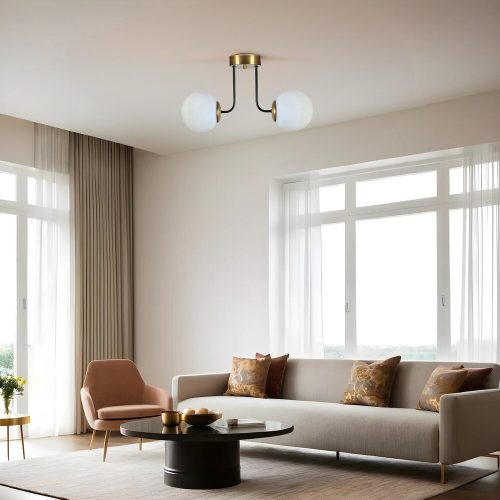 Elegáns fémcsillár üvegsapkával, 40 cm átmérő, 30 cm magasság | E27 aljzat, max 40W | Fehér és arany kivitel | Tökéletes modern enteriőrbe