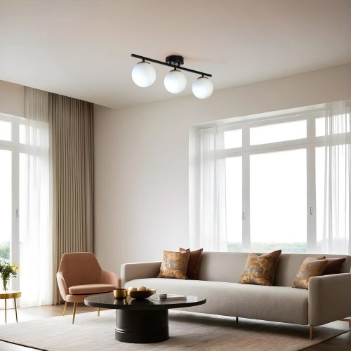 Elegáns fekete-fehér csillár, fém test, 15 cm átmérő, 20 cm magasság, 56 cm hosszúság, E27 aljzat, max 40 W, stílusos világítás modern terekbe